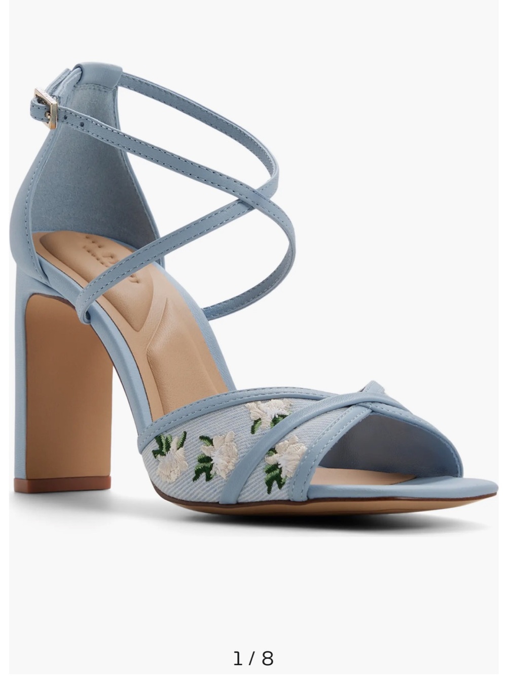 Ted Baker Allegra Denim Blue Floral Embroidered Strappy Block Heel Sandals